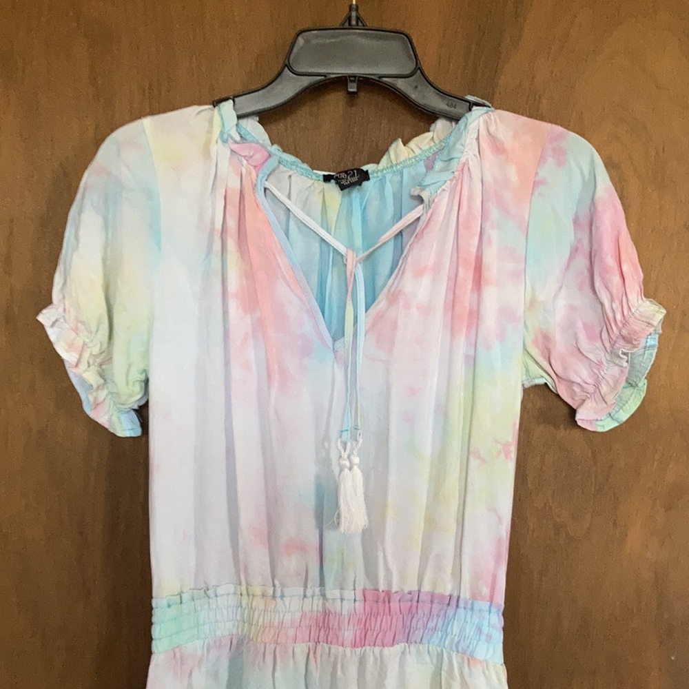 Rue 21 XS jrs dress puff sleeve pastel tie dye w tassel tie boho casual - Picture 5 of 14